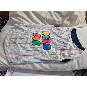 Colorful Striped Graphic Dog Tee shirt With Playful Bubble Letters feed me